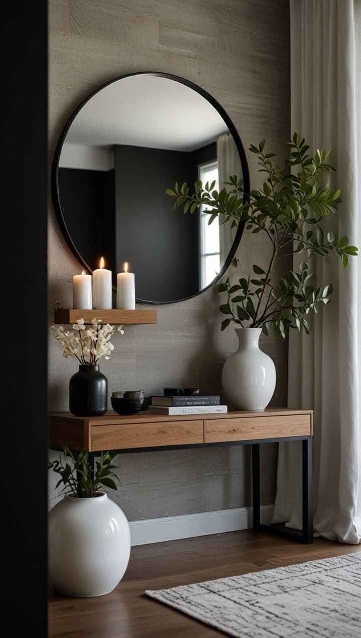 Entry console in oak and steel under a round black-framed mirror - bespoke joinery by Royalwoods Interiors, Nairobi