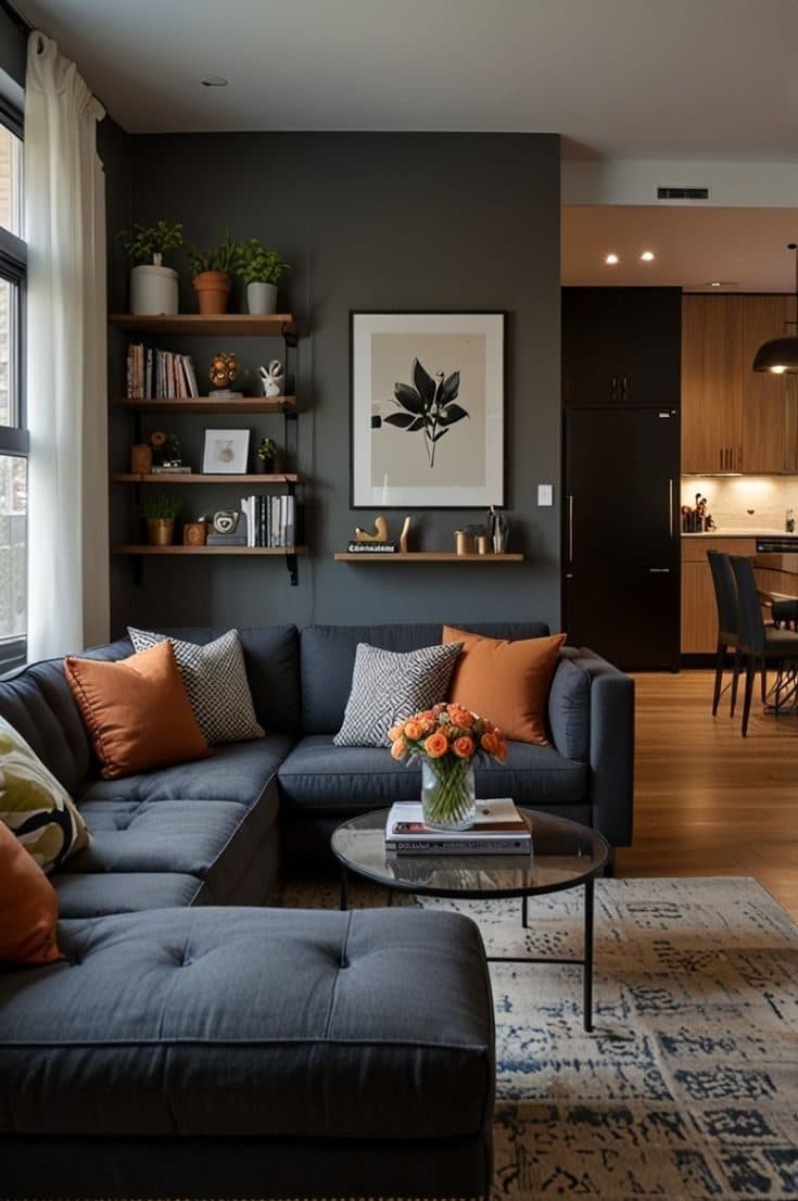 Charcoal sectional and open shelving styling for a family living room - bespoke joinery by Royalwoods Interiors, Nairobi